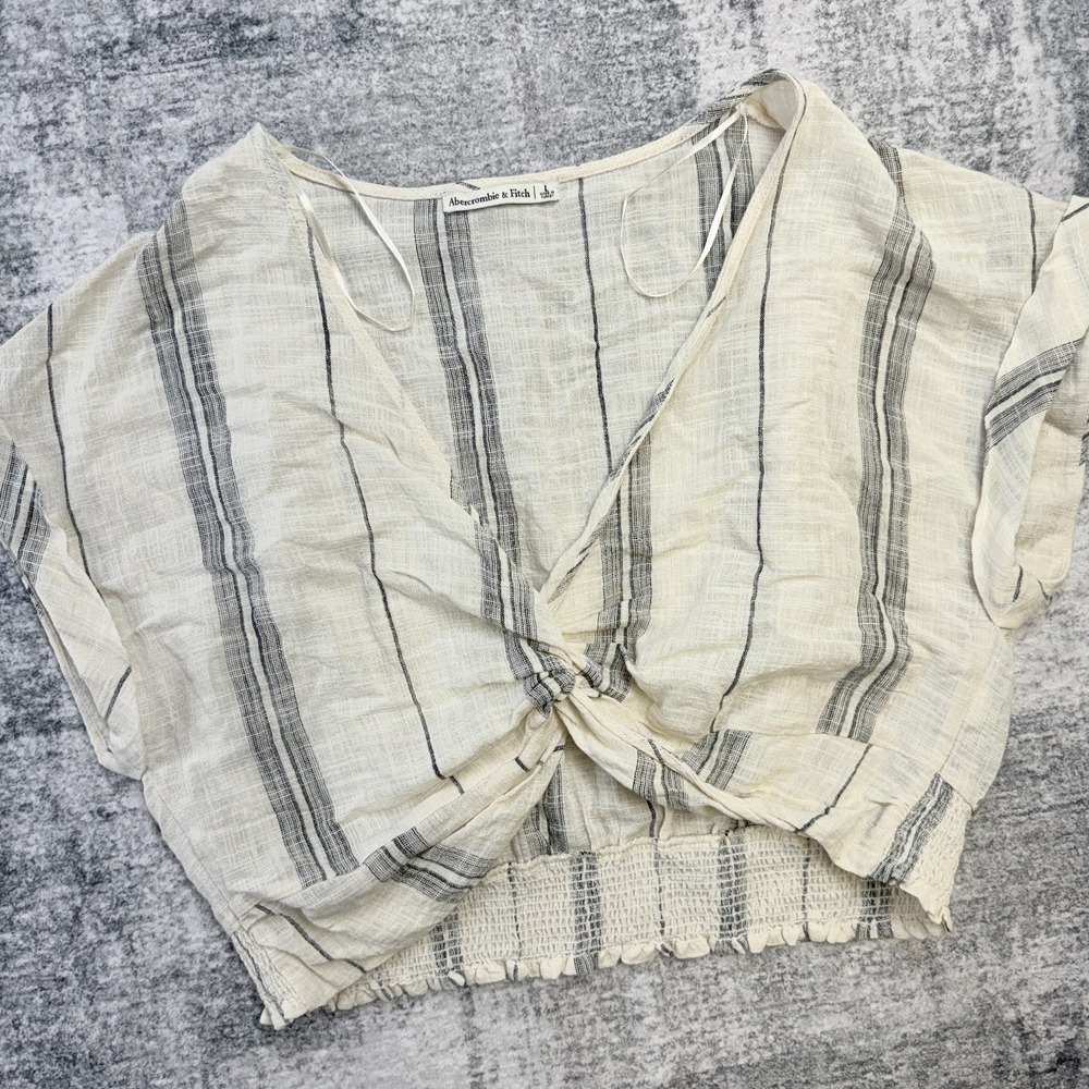 Abercrombie & Fitch Crop Top Womens Large Cream Striped Twist Tie Front Beachy